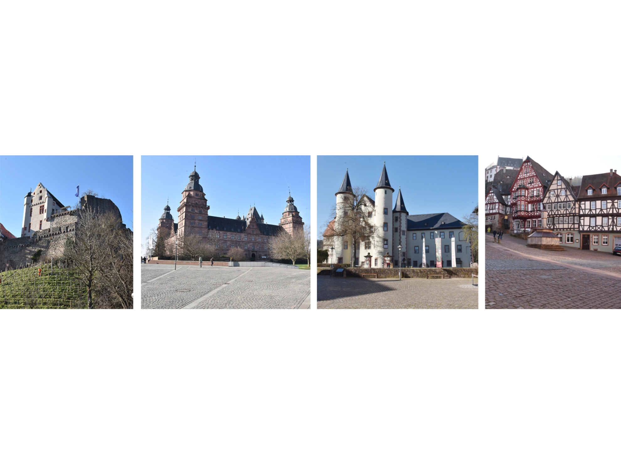 Das Bild zeigt Wahrzeichen der Region. Die Alzenauer Burg, das Aschaffenburger Schloss, das Lohrer Schloss und die historische Altstadt von Miltenberg.