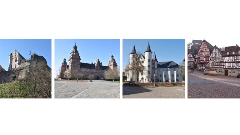 Das Bild zeigt Wahrzeichen der Region. Die Alzenauer Burg, das Aschaffenburger Schloss, das Lohrer Schloss und die historische Altstadt von Miltenberg.